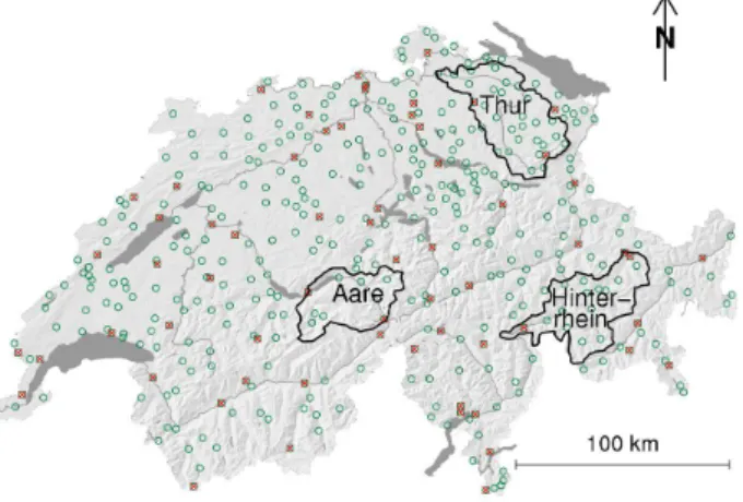 Fig. 1. Switzerland (total area: 41 300 km 2 ) and three catch- catch-ments named Thur (1700 km 2 ), Aare (1200 km 2 ), and Hinterrhein (1500 km 2 )