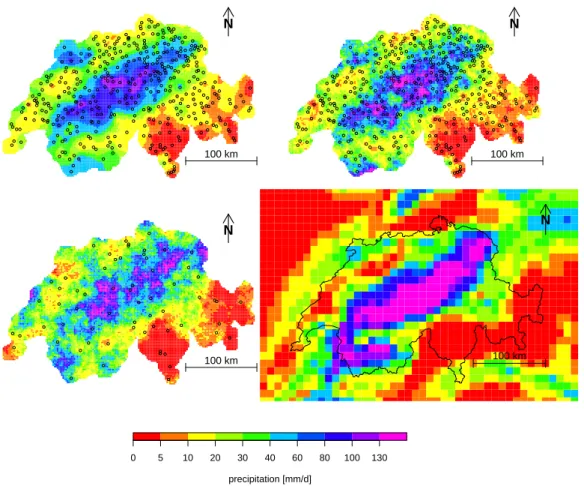 Fig. 2. Precipitation of 21 August 2005 in Switzerland as interpolated by Kriging (upper left panel), by stochastic simulation with ALL stations (upper right) or SUB stations (lower left), and as predicted by a 1-day forecast of the most representative COS