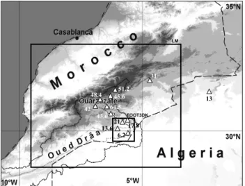 Fig. 1. Moroccan orography (shaded) and river catchment of the wadi Drˆaa (thin line)