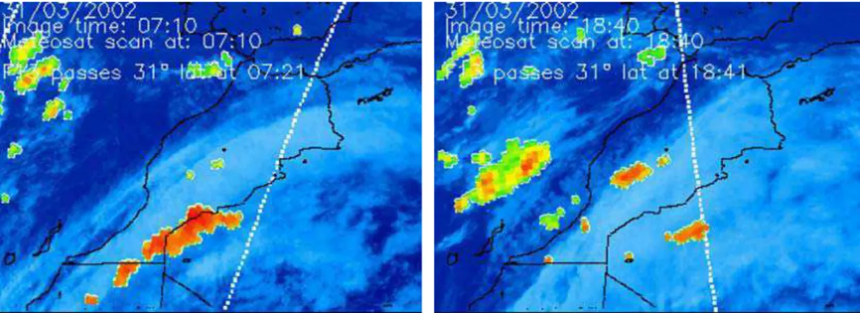 Fig. 2. Satellite images: METEOSAT IR (blue) and polar orbiting F13 micro wave sounding (small structures) at 31/03/2002 07:10 UTC (a) and 18:40 UTC (b).
