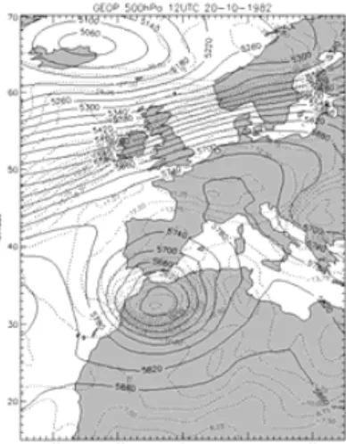 Fig. 2. Geopotential height at 500 hPa (solid lines) and temperature (dotted lines) for 18 to 23 October 1982.