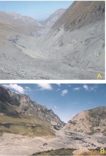 Fig. 1. (A) Kolka glacier cirque after the disaster (photo by A. P. Polkvoi). 1 – origination area of initial collapses, 2 –  for-mer Kolka glacier, 3 – areas with striations, 4 – Maili glacier snout.