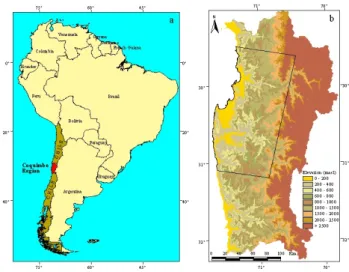 Figure 1: Study area and LANDSAT scene: a) Coquimbo Region (Chile) in South America,  b) elevation gradient in Coquimbo Region, with LANDSAT image scheme