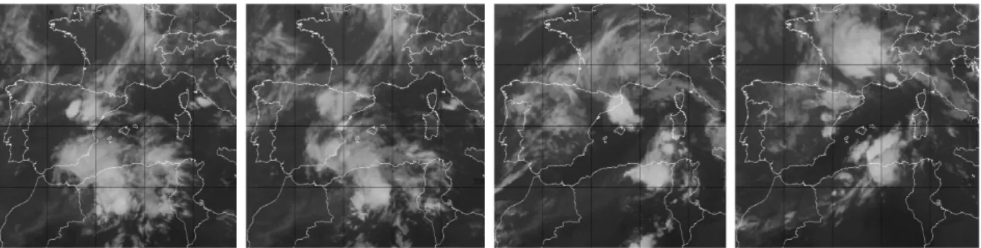 Fig. 1. METEOSAT-7 IR pictures for the study area. The selected slots are the nearest to the TRMM overpasses shown in Fig