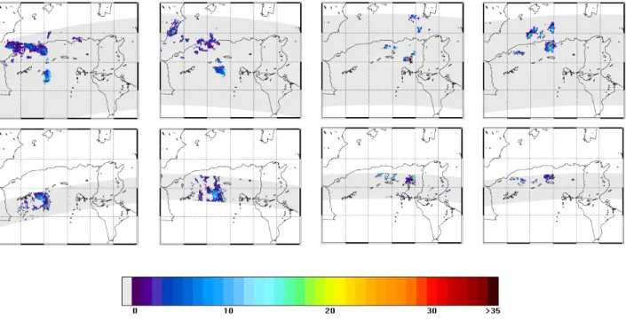 Fig. 2. Rain intensity maps (surface rain in mm h −1 ) retrieved from TMI measurements (top) and from PR (bottom)