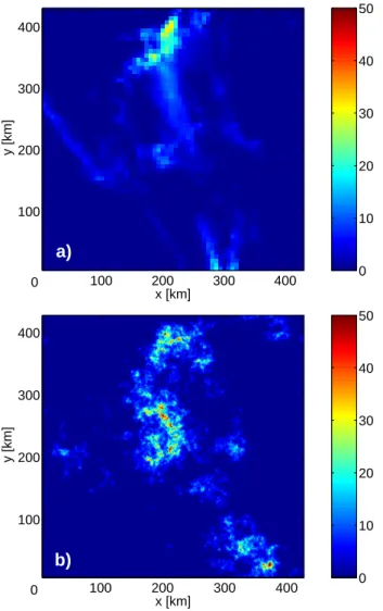 Fig. 5. Example of downscaling. The LAM field (panel a) indicates the rainfall predicted from t=33h to t=36h