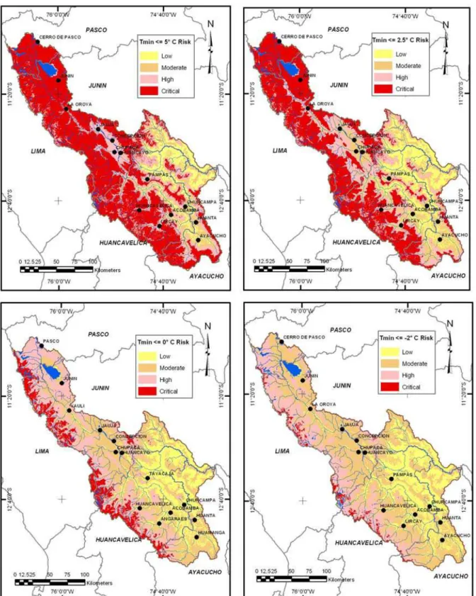 Fig. 4. Frost risk maps for the Mantaro river basin in the rainy season (September to April), threshold values of: 5 ◦ C (upper left, 4a), 2.5 ◦ C (upper right, 4b), 0 ◦ C (down left, 4c) and −2.0 ◦ C (down right, 4d)