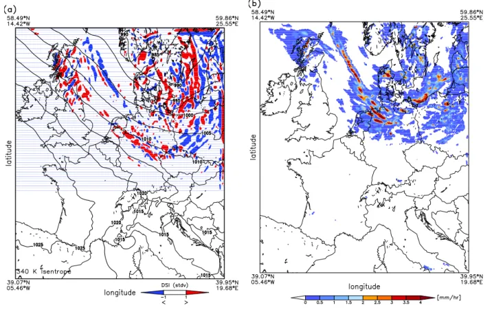 Fig. 4. Cold front on 21 September 2004 at 12:00 UTC. (a) DSI calculated from hourly LM-forecast data on 340 K isentrope (scaled by standard deviation)