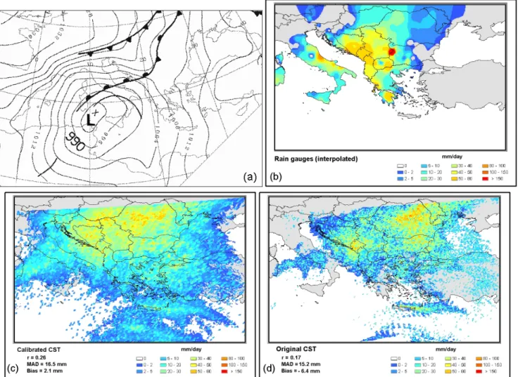 Figure 6. (a) Surface map with 4-hPa interval at 00:00 UTC on 14 November 2004; daily accumulated precipitation derived from (b)  ground observations, (c) calibrated and (d) original CST projected in a regular latitude-longitude mesh