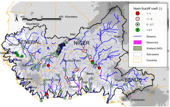 Fig. 1. Nash-Sutcliff coefficient of the monthly runoff calibration results at all 64 stations.