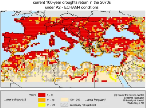 Fig. 5. Return intervals of current 100-year droughts in the 2070s under the IPCC A2 scenario.