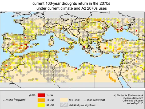 Fig. 7. Impact of water uses under the A2 scenario on the return interval of current 100-year droughts.