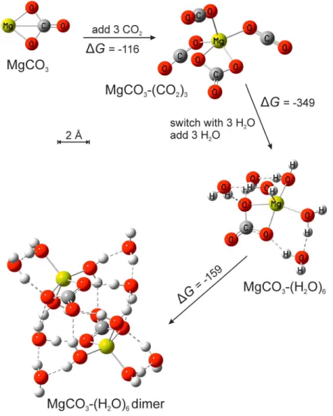 Figure 6 illustrates this sequence from MgCO 3 to MgCO 3 -(H 2 O) 6 . The MgCO 3 -(H 2 O) 6 particles will form rela- rela-tively rapidly compared to the coagulation rate of metal-containing compounds, and so MgCO 3 -(H 2 O) 6 is likely to be the building 
