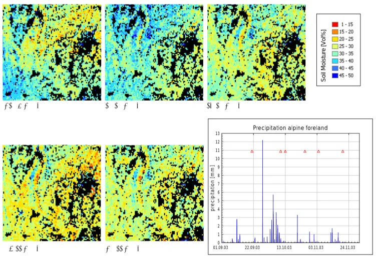 Fig. 6. Multitemporal soil moisture patterns around Munich (Germany) as a function of precipitation distribution.