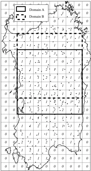 Fig. 2. Points indicating the location of the rain gages and regular grid with 13 km resolution used for spatial homogeneity  investiga-tion, the number of rain gages per cell is reported inside the cell.