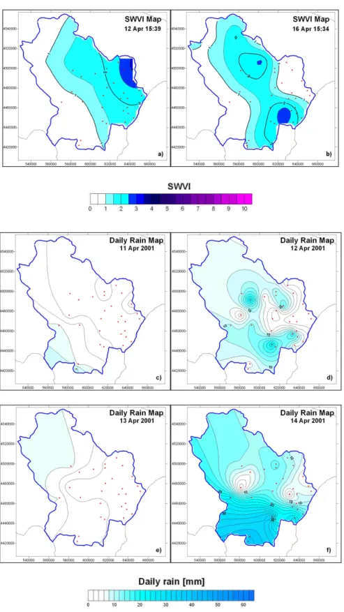 Figure 3: Sensitivity analysis for the April 2001 event: a), b) SWVI maps for April 12 th , 16 th ; c), d), e), f)  regional cumulative rainfall map respectively for April 11 th ,12 th ,13 th ,14 th 