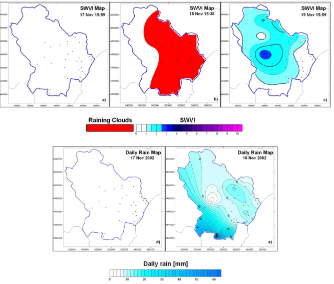 Figure 4: Sensitivity analysis for the November 2002 event: a), b), c) SWVI maps for November 17 th , 18 th  and  19 th ; d), e) regional cumulative rainfall map for November 17 th  and 18 th   respectively