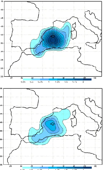 Fig. 2. Mean number of cyclone centres (in 2 ◦ × 2 ◦ latitude- latitude-longitude boxes) simultaneous to HR events (top) and to RA-CLO dataset (bottom)