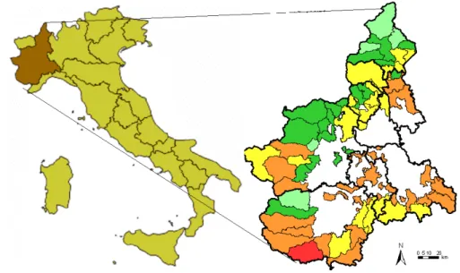 Figure 1. A map of the Piedmont region with an example of the output of the FWI index (24 July 2007)