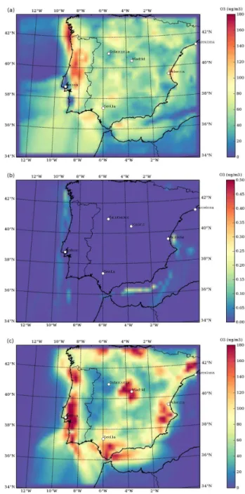 Figure 2. (a) Hourly maximum of ozone for every grid during the episode. (b) Maximum hourly impact of biogenic emissions, S AB − S A (µg/m 3 ) for the 10–15 August 2003 episode