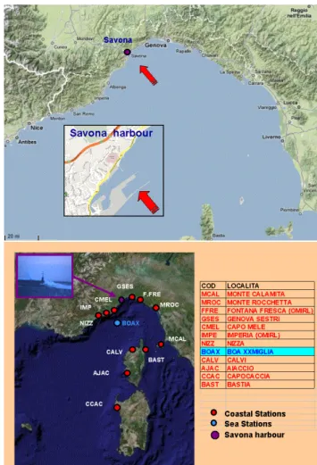 Figure 1. Map of the Gulf of Genoa (Ligurian sea, North-West of Italy) and map of Savona harbour, facing South-East (from:  google-heart) (a)