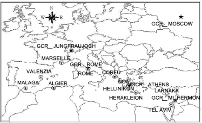 Fig. 1. Mediterranean GCR and precipitation stations.