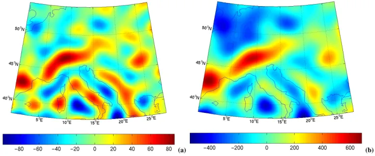 Fig. 1. (a) Gravity anomalies [mGal] defined on rough topography and (b) Vertical gravity gradients [mE] at satellite altitude h = 250 km based on synthetic Earth model coefficients in the spectral bandwidth 0 ≤ l ≤ 120.