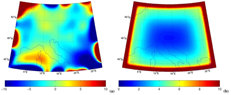 Fig. 2. Least squares collocation: (a) Vertical gravity gradient deviations [mE] at satellite altitude h = 250 km; initial gravity anomalies composed of spectral components 13 ≤ l ≤ 120 defined on a 1/4 ◦ grid, superposed by noise of 1 mGal; local covarian