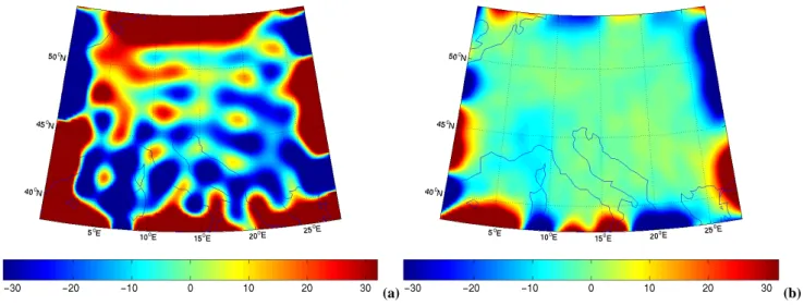 Fig. 5. Combined adjustment: Vertical gravity gradient deviations [mE] at satellite altitude 250 km; (a) Spectral leakage: global gravity model (noise 5 σ EGM ) plus local gravity anomaly data composed of spectral components 0 ≤ l ≤ 150 defined on a 1/4 ◦ 