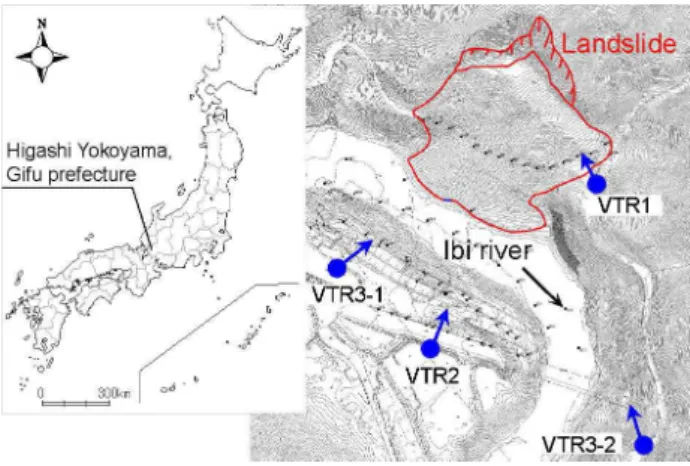 Figure 1. Location of Higashi-Yokoyama landslide and video cameras 
