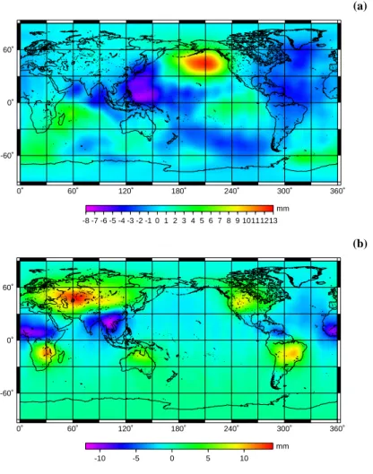 Fig. 6. (a) Recovered geoid due to CSLA (Nmax=25) from GRACE one month data; (b) Recovered geoid due to WSA (N max = 25) from GRACE one month data.
