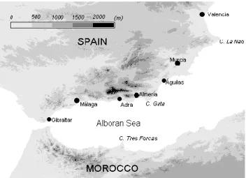 Fig. 1. Map of the extreme western Mediterranean region, showing topographic features and names of location mentioned in the text.