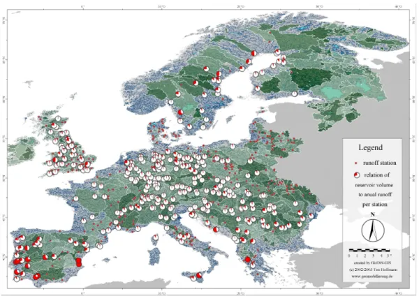 fig. 6: Impoundment coefficient - i.e. the ratio of the cumulated dam capacity to the average  annual discharge of regulated gauging stations - for Europe in 1990