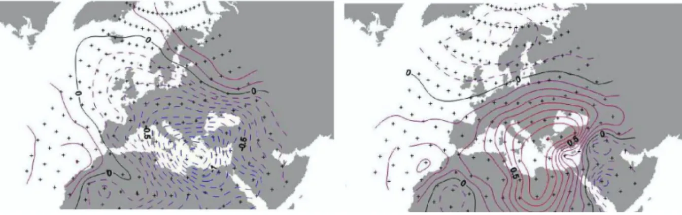 Fig. 2. Mean normalized distributions of 700 hPa geopotential fields of 01 (left) and 09 (right) circulation pattern (CP)