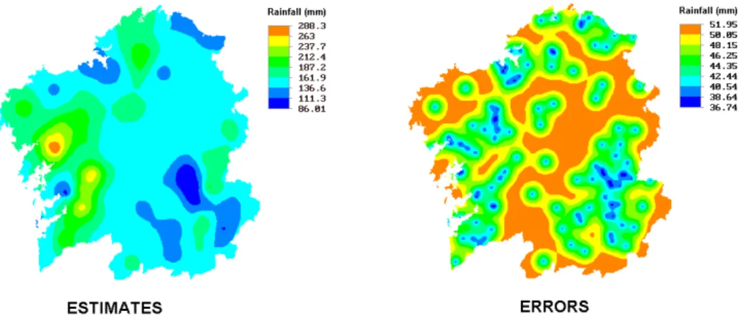 Fig. 4. Rainfall distribution for April 1999 interpolated by ordinary kriging and estimation errors for the same data set.