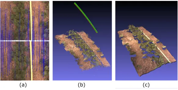 Figure 3: Main steps of 3D reconstruction: (a) Feature point detection and matching for a pair of images; (b) Sparse 3D point cloud (camera positions and orientations in green);