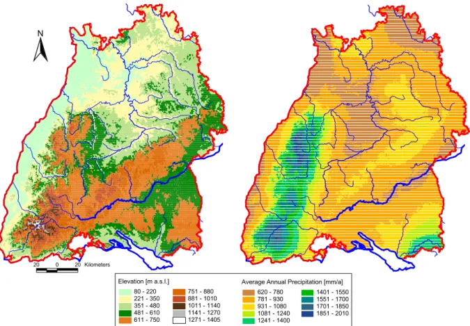 Fig. 1. Elevation (left) and annual average precipitation (right) in Baden-Wuerttemberg.