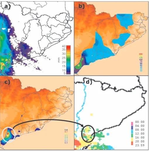 Fig. 3. Comparison between the rainfall fields obtained by the meteorological radar (a) and rain gauge network (b), the β chart obtained by rain gauge data (c) and the lightning distribution (d)