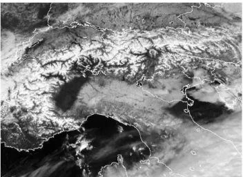 Fig. 6. Meteosat-8 high-resolution visible product HRV over north- north-ern Italy for 4 March 2005 12:00 UTC (obtained from EUMETSAT by way of the Italian Air Force Meteorological Service).