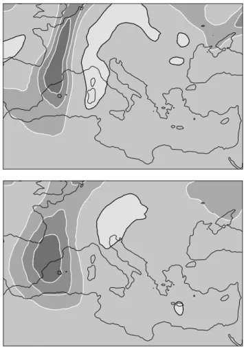 Fig. 7. 300 hPa Potential Vorticity on 4 November 00:00 UT, ac- ac-cording to ERA-40 (top panel) and NCEP data (bottom panel)