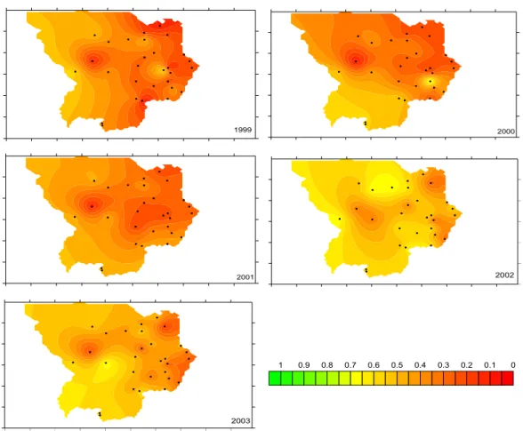 Figure 3. Spatial distribution of the aridity index by 1999 to 2003. 