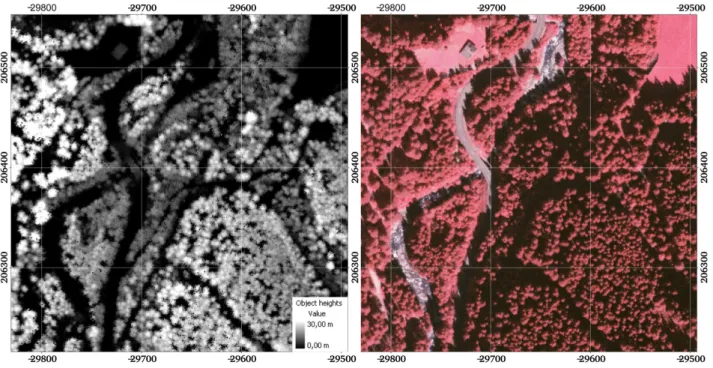 Figure 1: Comparison of ALS data and CIR orthophotos; (left) the object heights are calculated from  ALS data, spatial resolution 1.0 m; (right) CIR orthophoto with a spatial resolution of 0.25 m; 