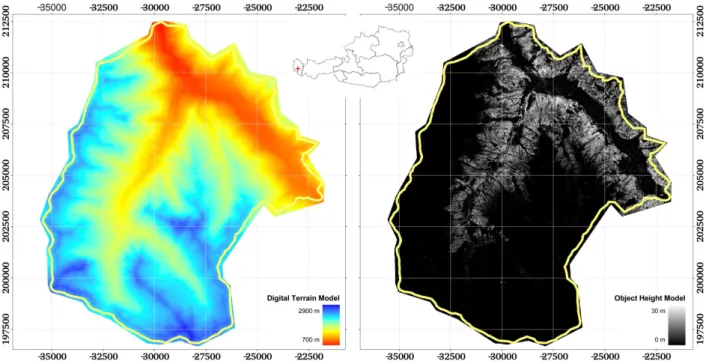 Fig. 2. Location of the study area; (left) digital terrain model calculated from 76 laser scanner strips; (right) object height model derived from ALS data, the greyscale corresponds to the object heights; spatial resolution of the data 1 m, coordinates ar