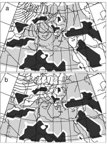 Fig. 1. Covariance C(T o2 − , p|τ ) of the negative 90 ◦ E Alpine torque with pressure in hPa in fall at z=500 m at (a) τ=−1 day and (b) τ =2 days but with the sign reversed to obtain the “observed” pressure fields; topography dark; contour interval 0.5 hP