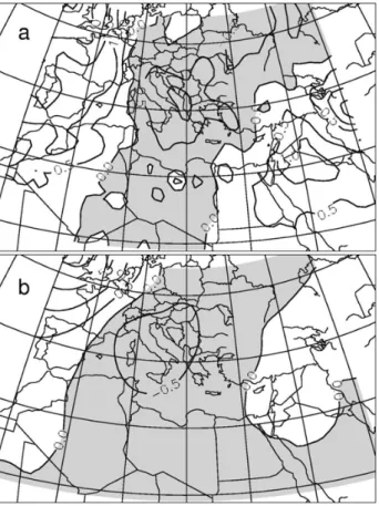 Fig. 3. Covariance C(T o2 − , R|τ ) in fall of the negative Alpine torque T o2− with precipitation in mm day −1 at τ=0, contour interval 0.5.