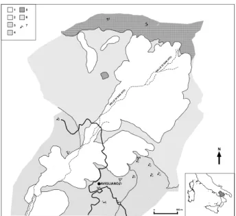 Figure 1 - Geological sketch-map of the area: 1) Landslide bodies; 2) Alluvial deposits; 3)  Sandy formation (Middle Pliocene); 4) Conglomerate formation (Middle Pliocene); 5) Flysch  Rosso (Upper Cretaceous – Oligocene); 6) Varicoloured Clays (Upper Creta