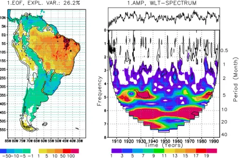 Fig. 2. 1.EOF of the South American total water storage of the en- en-semble mean of 4 simulations forced with ECHAM4 (1903-1994), contours are mm water equivalent