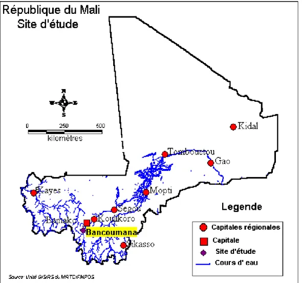 Figure 1: Carte du Mali indiquant le site d’étude (Nanguilabougou/Kouroubabougou très proche  de Bancoumana) 