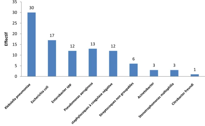Figure 1 :  Répartition des cas selon de type de BMR isolée. Enquête sur les infections  nosocomiales au CHNU de Fann de Dakar de septembre à décembre à 2010