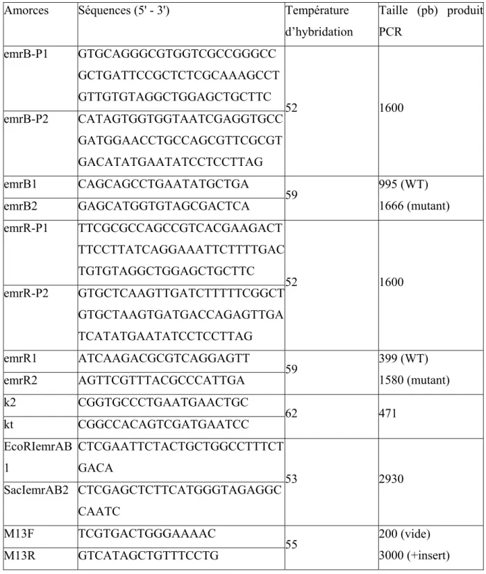 Tableau II. Oligonucléotides utilisés dans les réactions PCR 
